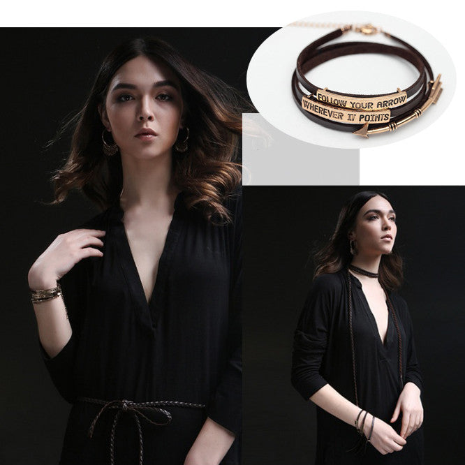 Follow Your Arrow Genuine Leather Bracelet In Yellow And White Gold Plating Vista Shops