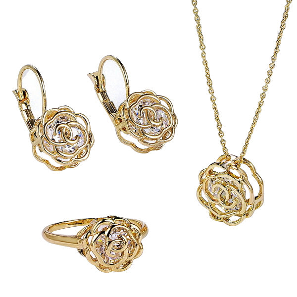 Rose Is A Rose Set Of Ring,Earrings and Pendant With Chain In 18kt Rose Crystals In White Yellow And Rose Gold Plating Vista Shops