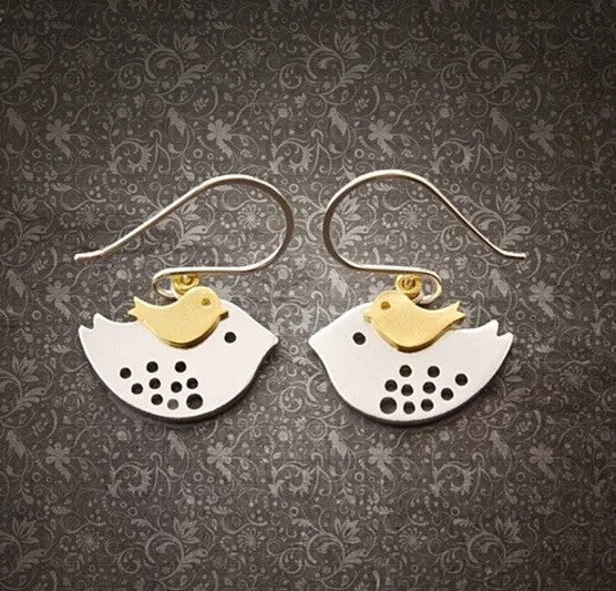 SKY TRAVELERS EARRINGS Little Bird Learning To Fly From Mom Bird in 925 Sterling Silver hooks Vista Shops