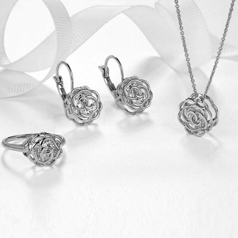 Rose Is A Rose Set Of Ring,Earrings and Pendant With Chain In 18kt Rose Crystals In White Yellow And Rose Gold Plating Vista Shops
