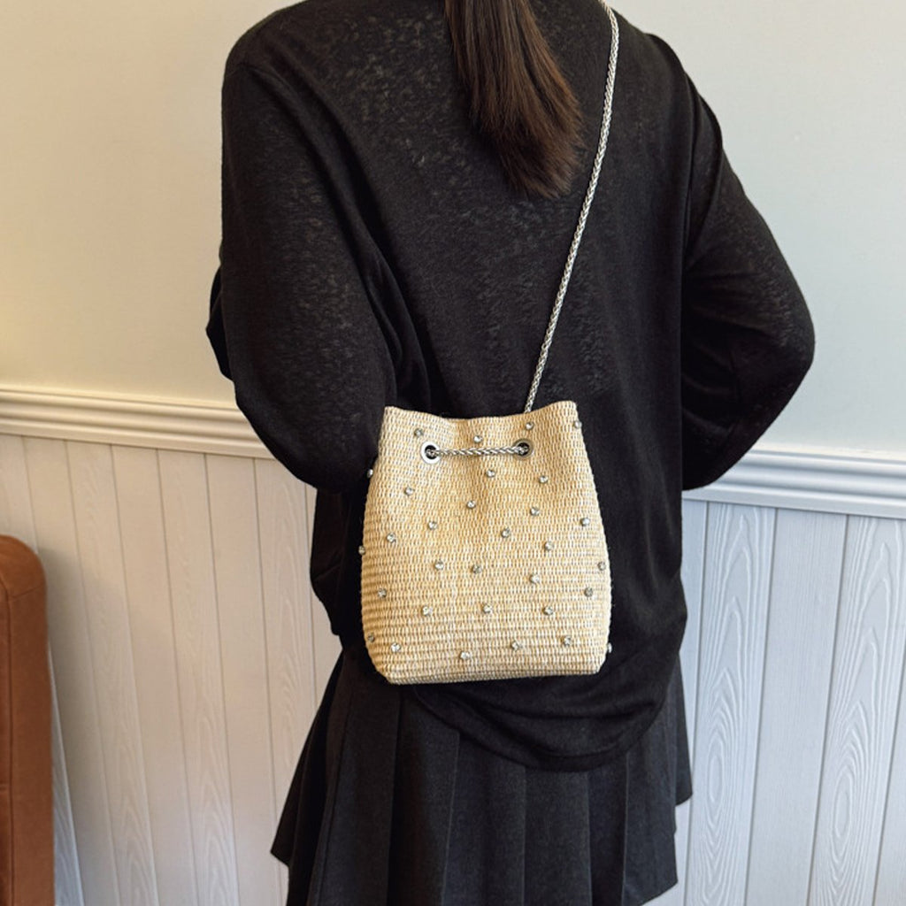 Shoreline Pearls and Rhinestones Straw Bucket Bag with Adjustable Chain Vista