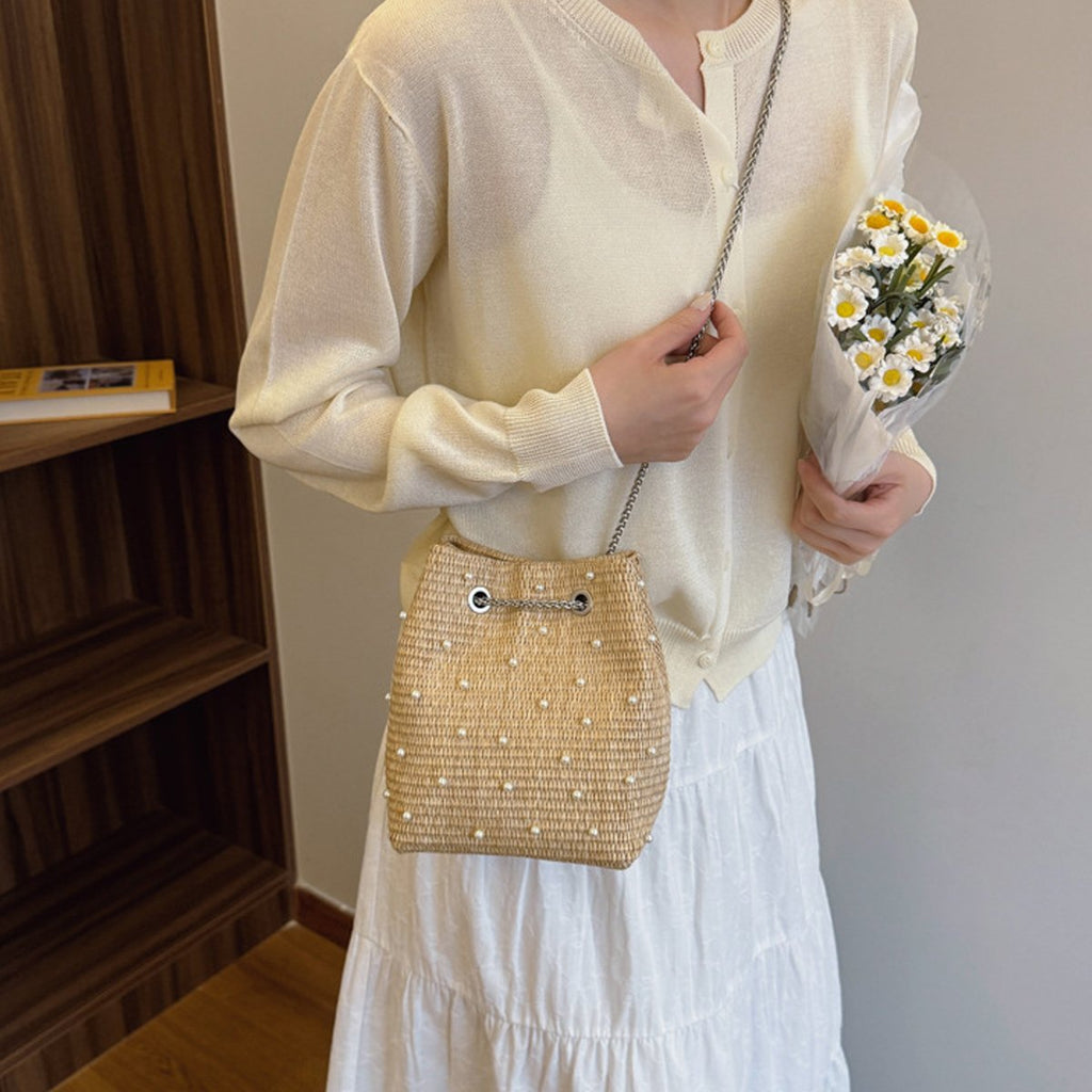 Shoreline Pearls and Rhinestones Straw Bucket Bag with Adjustable Chain Vista