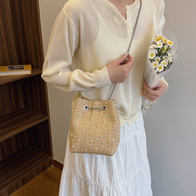 Shoreline Pearls and Rhinestones Straw Bucket Bag with Adjustable Chain Vista