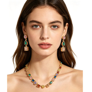 Goddess Stunning Duo Gem Crystals and Gold Tone Necklace and Earrings Set Vista