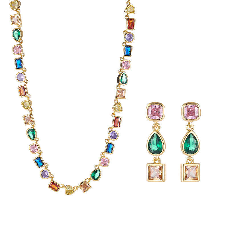 Goddess Stunning Duo Gem Crystals and Gold Tone Necklace and Earrings Set Vista
