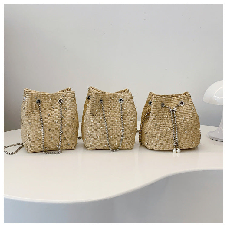 Shoreline Pearls and Rhinestones Straw Bucket Bag with Adjustable Chain Vista