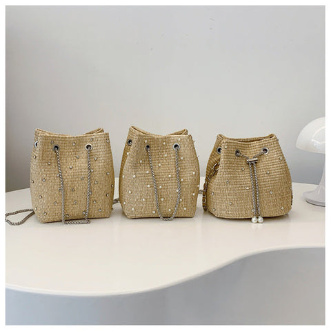Shoreline Pearls and Rhinestones Straw Bucket Bag with Adjustable Chain Vista