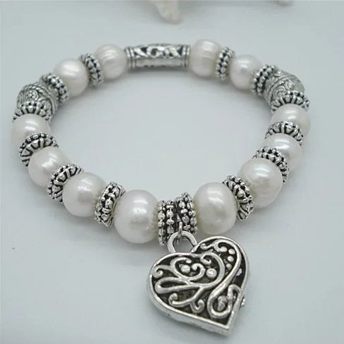 Charming Heart Pearl And Silver Bracelet Vista Shops