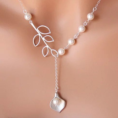 Pearly Lily Lariat Necklace in Sterling Silver and Real Pearl Vista Shops