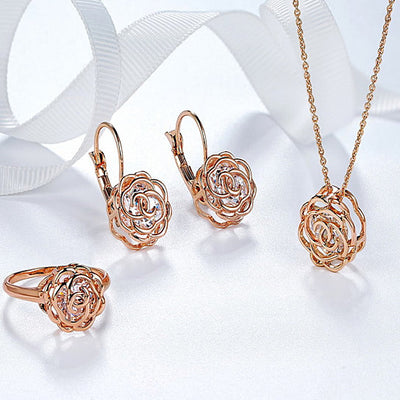 Rose Is A Rose Set Of Ring,Earrings and Pendant With Chain In 18kt Rose Crystals In White Yellow And Rose Gold Plating Vista Shops